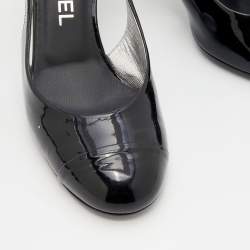 Pre Owned Chanel Black Patent Leather Round Cap Toe Slingback Sandals Size 38