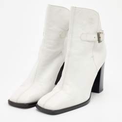 Chanel Vintage White Leather Square Toe Ankle Length Boots Size 39.5