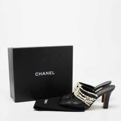Chanel Black Leather Pearl Embellished Mules  Size 41