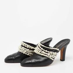 Chanel Black Leather Pearl Embellished Mules  Size 41