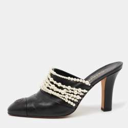 Chanel Black Leather Pearl Embellished Mules  Size 41