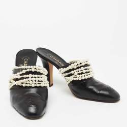 Chanel Black Leather Pearl Embellished Mules  Size 41