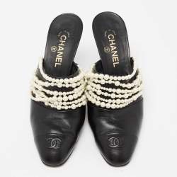 Chanel Black Leather Pearl Embellished Mules  Size 41