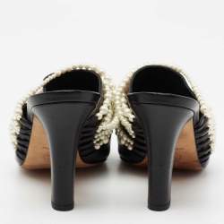Chanel Black Leather Pearl Embellished Mules  Size 41