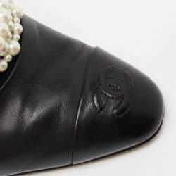 Chanel Black Leather Pearl Embellished Mules  Size 41