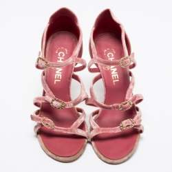 Chanel Pink Velvet And Patent Leather CC Strappy Buckle Sandals Size 37