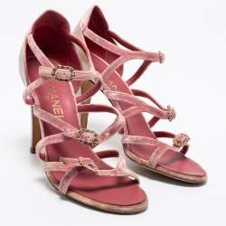 Chanel Pink Velvet And Patent Leather CC Strappy Buckle Sandals Size 37