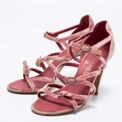 Chanel Pink Velvet And Patent Leather CC Strappy Buckle Sandals Size 37