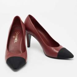 Chanel Burgundy/Black Leather And Canvas Cap Toe Pointed Toe Pumps Size 40
