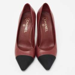 Chanel Burgundy/Black Leather And Canvas Cap Toe Pointed Toe Pumps Size 40