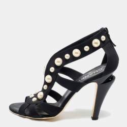 Pre Owned Chanel Black Satin Faux Pearl Embellished Open-Toe Sandals Size 39