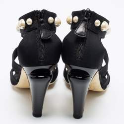 Pre Owned Chanel Black Satin Faux Pearl Embellished Open-Toe Sandals Size 39