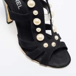 Pre Owned Chanel Black Satin Faux Pearl Embellished Open-Toe Sandals Size 39