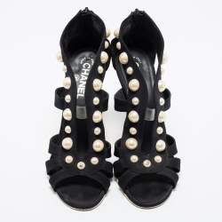 Pre Owned Chanel Black Satin Faux Pearl Embellished Open-Toe Sandals Size 39