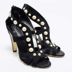 Pre Owned Chanel Black Satin Faux Pearl Embellished Open-Toe Sandals Size 39