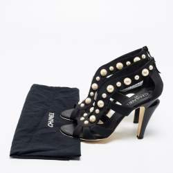 Pre Owned Chanel Black Satin Faux Pearl Embellished Open-Toe Sandals Size 39
