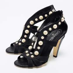 Pre Owned Chanel Black Satin Faux Pearl Embellished Open-Toe Sandals Size 39