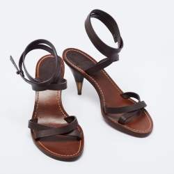Chanel Dark Brown Leather Ankle-Wrap Sandals Size 38