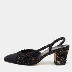 Chanel Black/Gold Tweed and Fabric CC Slingback Pumps Size 37.5