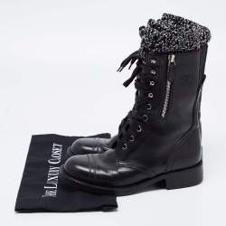 Chanel Black Leather and Knit Fabric CC Combat Boots Size 36.5