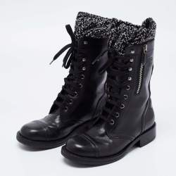 Chanel Black Leather and Knit Fabric CC Combat Boots Size 36.5