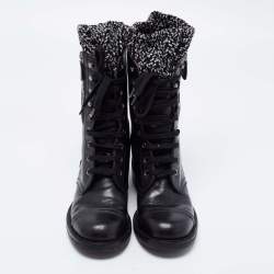 Chanel Black Leather and Knit Fabric CC Combat Boots Size 36.5