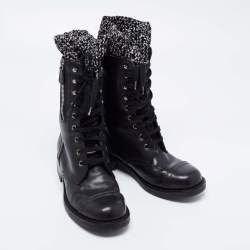 Chanel Black Leather and Knit Fabric CC Combat Boots Size 36.5