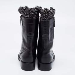 Chanel Black Leather and Knit Fabric CC Combat Boots Size 36.5