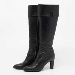 Pre Owned Chanel Black Leather CC Knee High Slip On Boots Size 39.5