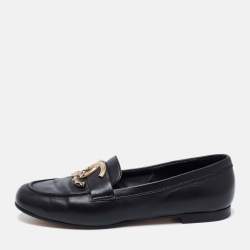 Chanel Black Leather Metal CC Slip On Loafers Size 38.5 Chanel