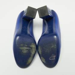 Pre Owned Chanel Blue Leather Round Toe Block Heel Pumps Size 38