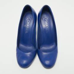 Pre Owned Chanel Blue Leather Round Toe Block Heel Pumps Size 38