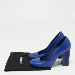 Pre Owned Chanel Blue Leather Round Toe Block Heel Pumps Size 38