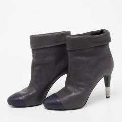 Pre Owned Chanel Dark Grey/Navy Blue Leather Cap Toe Ankle Length Boots Size 38.5