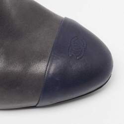 Pre Owned Chanel Dark Grey/Navy Blue Leather Cap Toe Ankle Length Boots Size 38.5