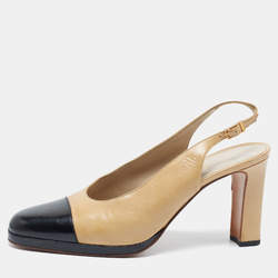 Pre Owned Chanel Beige/Black Leather Cap Toe Slingback Sandals Size 38