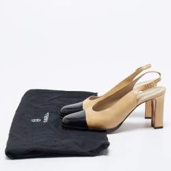 Pre Owned Chanel Beige/Black Leather Cap Toe Slingback Sandals Size 38