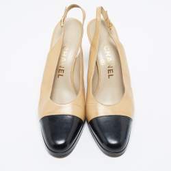 Pre Owned Chanel Beige/Black Leather Cap Toe Slingback Sandals Size 38