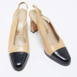 Pre Owned Chanel Beige/Black Leather Cap Toe Slingback Sandals Size 38