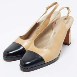Pre Owned Chanel Beige/Black Leather Cap Toe Slingback Sandals Size 38