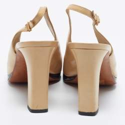Pre Owned Chanel Beige/Black Leather Cap Toe Slingback Sandals Size 38