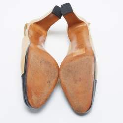 Pre Owned Chanel Beige/Black Leather Cap Toe Slingback Sandals Size 38