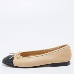 Chanel Beige/Black Leather Bow CC Cap Toe Ballet Flats Size 37.5