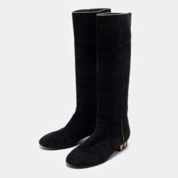 Chanel Black Suede Zip  Midcalf Boots Size 37.5