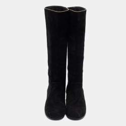 Chanel Black Suede Zip  Midcalf Boots Size 37.5