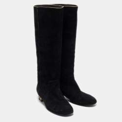 Chanel Black Suede Zip  Midcalf Boots Size 37.5