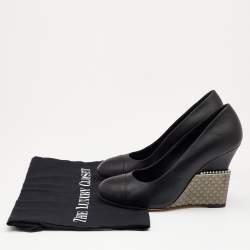 Pre Owned Chanel Black Leather CC Cap Toe Wedge Pumps Size 39