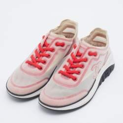 Pre Owned Chanel Pink/Cream Mesh CC Low Top Lace Up Sneakers Size 36