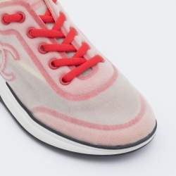 Pre Owned Chanel Pink/Cream Mesh CC Low Top Lace Up Sneakers Size 36