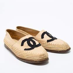 Pre Owned Chanel Beige  Leather and Raffia CC Espadrilles Size 38